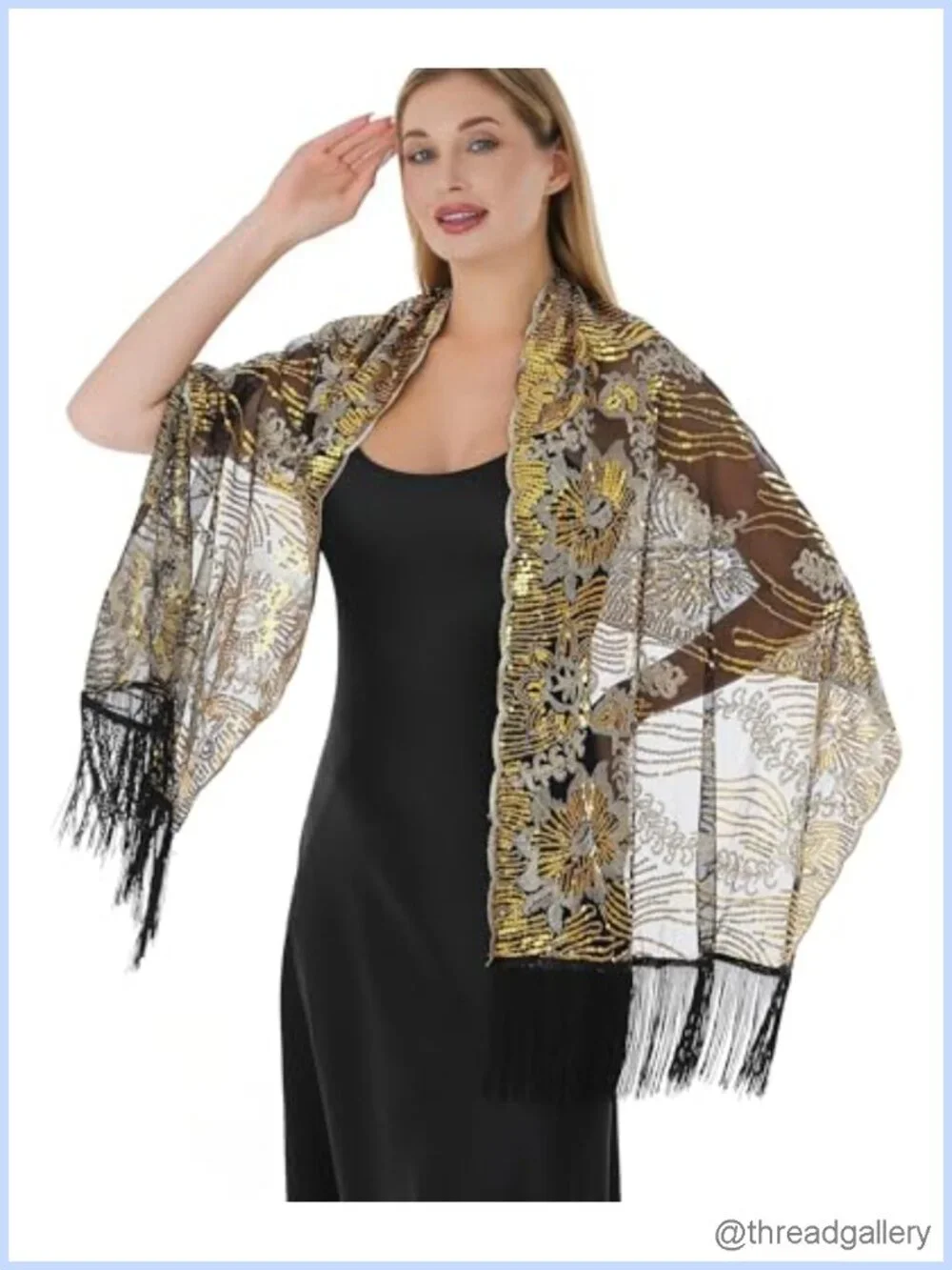 Sequin Shawl Wrap for Evening Dresses, Formal Wedding Sheer Mesh with Fringe,